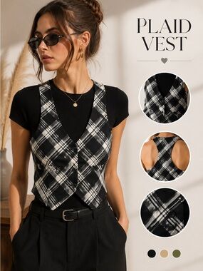 Black White Plaid Crop Vest Button Front Racerback XS
